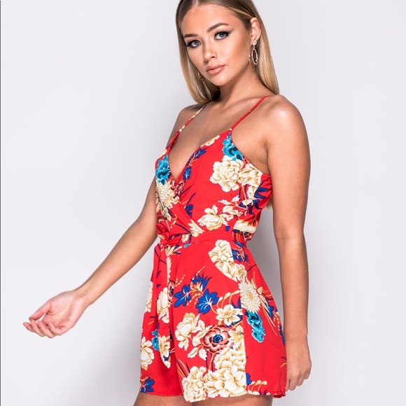 Red Floral Print Wrap Front Playsuit Romper - Picture 4 of 8